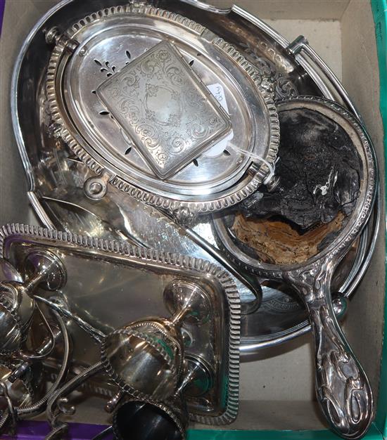 A plated revolving breakfast dish, a plated egg cruet, a plated dish, a plated cigarette case and plated tongs